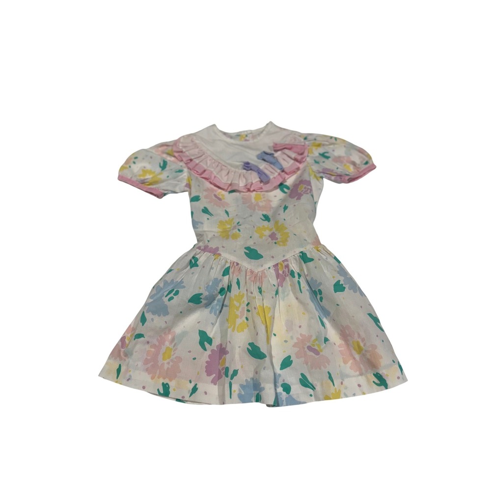 Vintage‎ Mimix Kids Floral Ruffle Bib Dress Size 6 Pastel Pink Blue Yellow 5770
